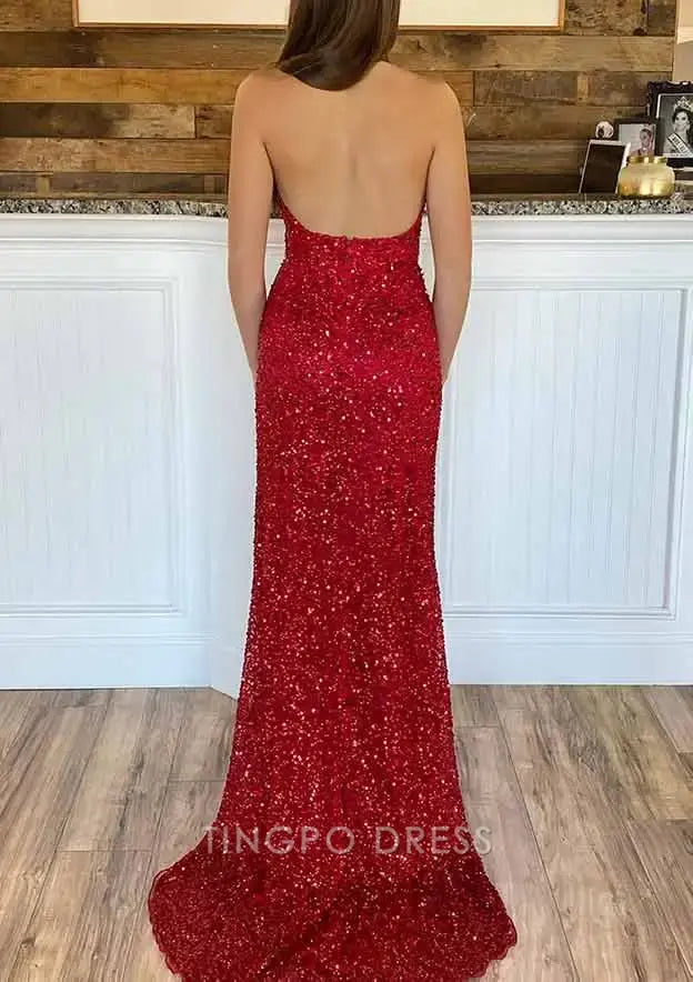 TingPo Wholesale Elegant Sheath/Column V Neck Sleeveless Court Train Velvet Sequins Prom Dress With Split